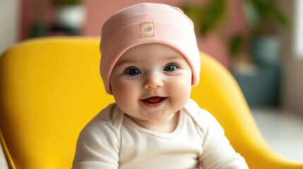 Smiling baby wearing a pink beanie sitting in a yellow chair with a colorful background and natural light Copy Space