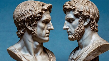 Obraz premium Two small antique style Roman or Grecian busts of young men facing away from each other on blue