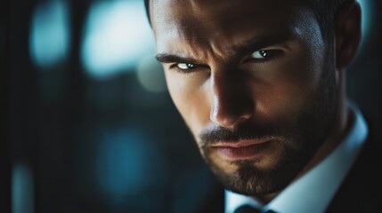 Portrait focused business man raising head to camera in blurred interior. Closeup serious man face looking down indoors. Attractive top manager thinking in dark background.