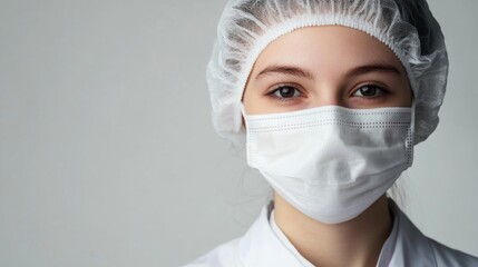 Female healthcare worker in surgical mask and hairnet with neutral background and copy space