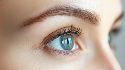 Obraz premium Close-up of a human eye with blue iris and long eyelashes highlighting the skin texture and clarity with Copy Space