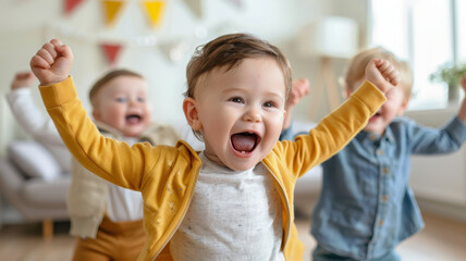 Three joyful children are dancing energetically in bright living room, with colorful decorations in background. Their expressions are full of excitement and happiness