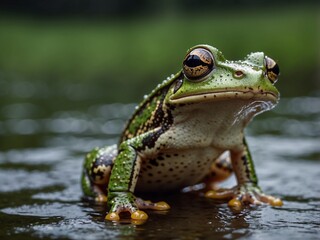 Fototapeta premium Vibrant Close-Up Portrait of a Green Frog in Its Natural Habitat with Textured Skin and Colorful Eyes