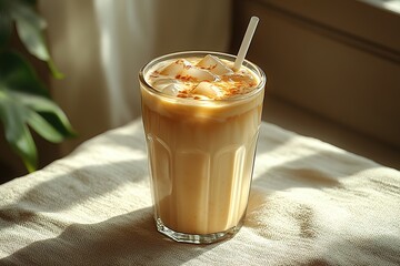 Iced coffee drink with ice cubes and a sprinkle of spice served in a glass with a straw