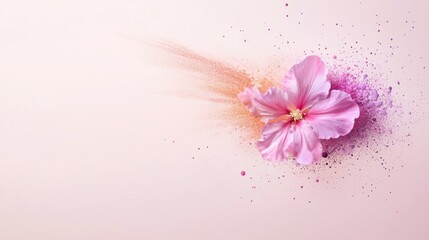 Vibrant pink flower exploding into colorful powder on soft background