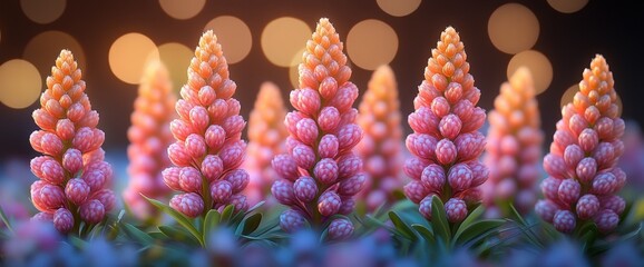 Pink and Purple Lupine Flowers in Soft Focus with Bokeh Lights