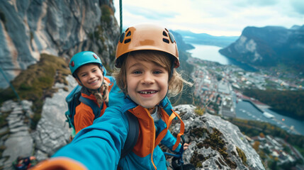 Selfie portrait of two children climbers in mountains. Summer camp for kids with mountain hiking.