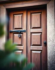 Old vintage door. Antique wooden door background with lock and handle on architecture, blurry foreground, with white tones