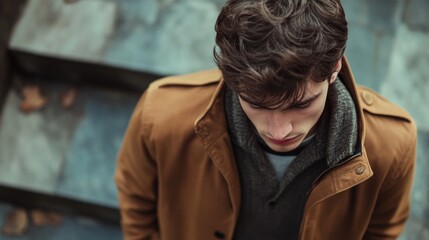 Obraz premium Young man in stylish brown coat looking down outdoors with blurred stone steps in background Copy Space