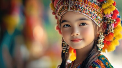 Fototapeta premium Portrait of young girl wearing vibrant traditional ethnic costume with intricate headdress and colorful ornaments, smiling, soft focus background
