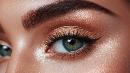 Fototapeta premium Close-up of a woman's eye with golden eyeshadow and defined eyeliner featuring striking green iris and perfectly shaped eyebrows Copy Space