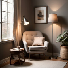 Sunlit Corner – A cozy reading nook featuring a single lounge chair, a standing lamp, and a small side table in muted tones.