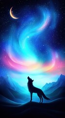 Obraz premium Mystical Night Scene Featuring a Howling Wolf Silhouetted Against a Vibrant Aurora Borealis and Starry Sky in a Dreamlike Color Palette
