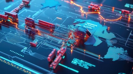 Trade network, blockchain technology overlay, 3D illustration.