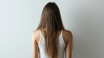 Fototapeta premium Young woman with long hair seen from the back against a minimalist light background with copy space for text
