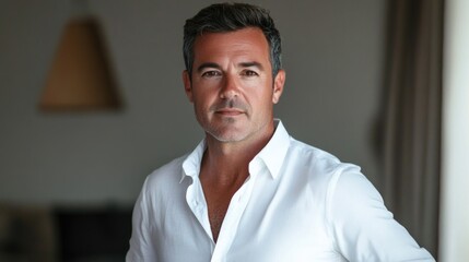 Obraz premium Portrait of a confident businessman in a white shirt standing indoors with soft lighting and neutral background Copy Space