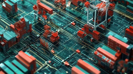 Trade network, blockchain technology overlay, 3D illustration.