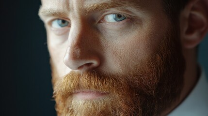 Obraz premium Close-up portrait of a serious man with a red beard and blue eyes against a dark background, Copy Space