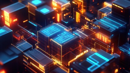 Trade network, blockchain technology overlay, 3D illustration.