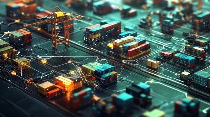 Trade network, blockchain technology overlay, 3D illustration.