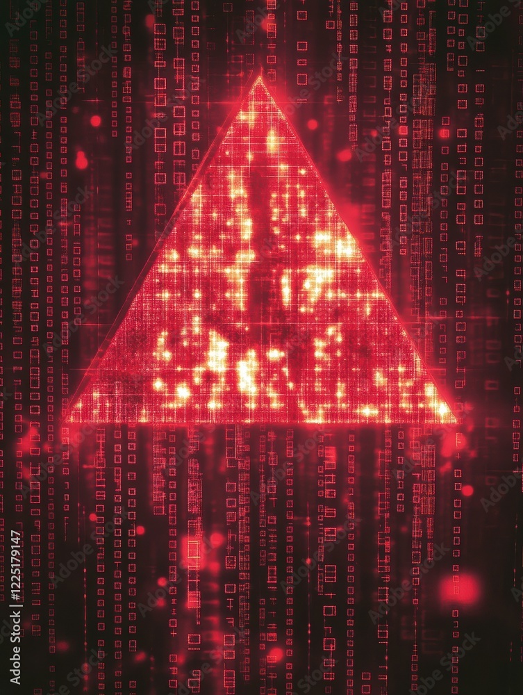 Poster a red alert triangle with an exclamation mark over binary code background , symbolizing a cybersecur