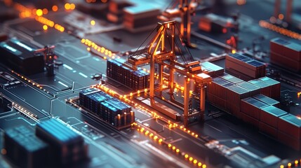 Trade network, blockchain technology overlay, 3D illustration.