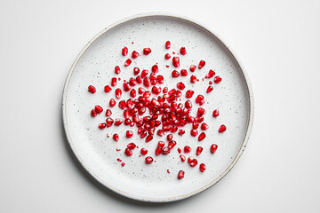 A close-up of vibrant pomegranate seeds scattered on a minimalist white plate, highlighting freshness
