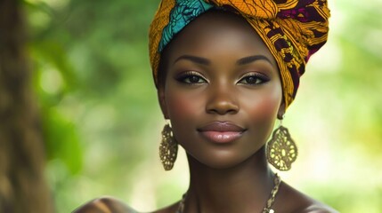Portrait of a woman wearing an African headwrap and earrings with natural background soft focus Copy Space