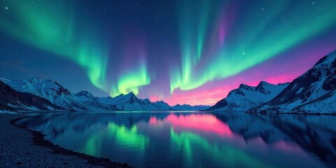 Naklejka premium Magical Aurora Borealis Reflecting on Still Waters of a Frozen Mountain Lake