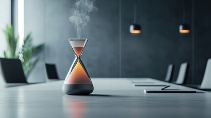 Steaming hourglass on a modern conference table in a stylish office setting