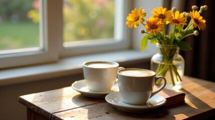 Morning Sunlight Illuminates Two Cups of Cappuccino Beside a Vase of Yellow Flowers on a Rustic Wooden Table