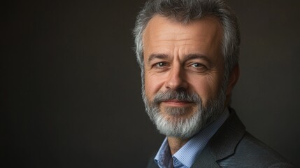 Obraz premium portrait of a mature man with gray beard and hair smiling against a dark background with soft lighting Copy Space