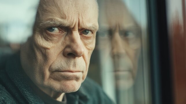 Close-up portrait of an elderly man with a serious expression looking out of a window with reflections on the glass Copy Space