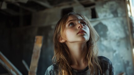 Fototapeta premium Young girl looking upwards in an abandoned building with a distressed expression and long hair, natural lighting and a somber atmosphere. Copy Space