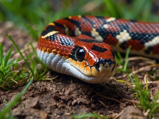 Fototapeta premium Colorful Coiled Snake in Natural Habitat with Striking Patterns and Scales