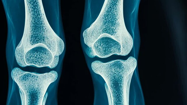 X-ray of human knees showing joint structure and bone density analysis in medical examination