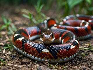 Obraz premium Colorful Coiled Snake in Natural Habitat Showcasing Striking Patterns and Biodiversity