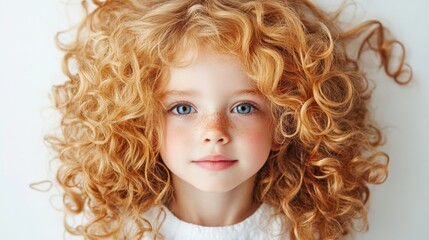 Portrait of a young girl with curly red hair and blue eyes, looking directly at the camera, natural light setting, Copy Space