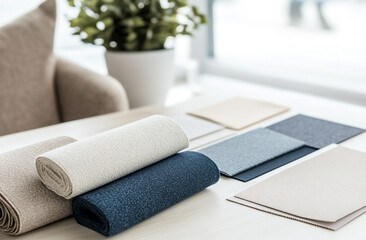 A designer’s workspace covered with color swatches, fabric samples, and a half-finished blueprint.