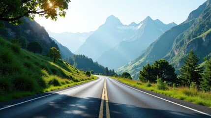 Naklejka premium Asphalt ribbon unwinding through a verdant valley, towards majestic snow-capped peaks bathed in the golden light of sunrise