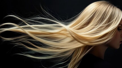 Naklejka premium Long flowing blonde hair in motion against a dark background with focus on smooth texture and movement Copy Space