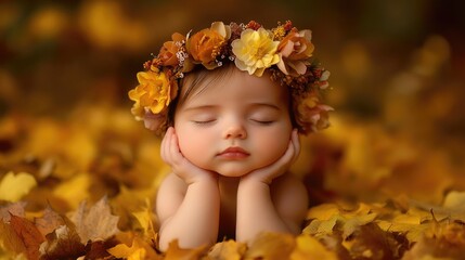 Fototapeta premium Child with flower crown resting on autumn leaves with closed eyes capturing innocence and tranquility in nature setting Copy Space