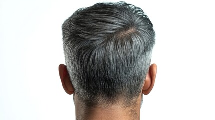 Obraz premium Close-up of the back of a man's head with short gray hair against a plain white background Copy Space