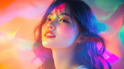 Obraz premium Portrait of a young woman with colorful lighting effects on her face and background creating a vibrant atmosphere Copy Space