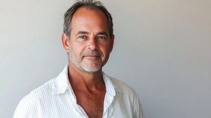 Fototapeta premium Smiling middle-aged man with gray hair wearing a white shirt against a neutral background with Copy Space.