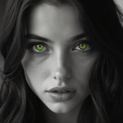 Fototapeta premium black and white portrait of a woman with bright green eyes 