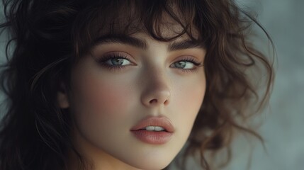 Fototapeta premium Close-up portrait of a young woman with curly hair and captivating blue eyes showcasing natural beauty and soft makeup Copy Space