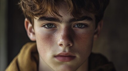 Portrait of a teenage boy with freckles and tousled hair looking directly at the camera with a neutral expression Copy Space