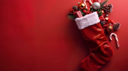 Christmas Stocking with Gifts and Candy Canes on a Red Background