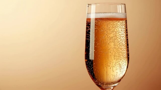 Close up of a champagne flute filled with sparkling wine against a warm, tan background. Bubbles rise in the golden liquid